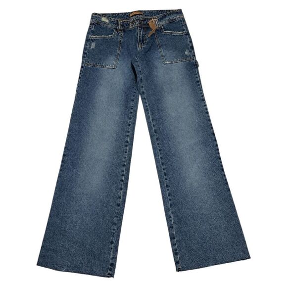 Refuge Y2K Cargo Cotton Distressed Wide Leg Raw Hem Jeans S 11 Vintage Wash Blue - Picture 4 of 17